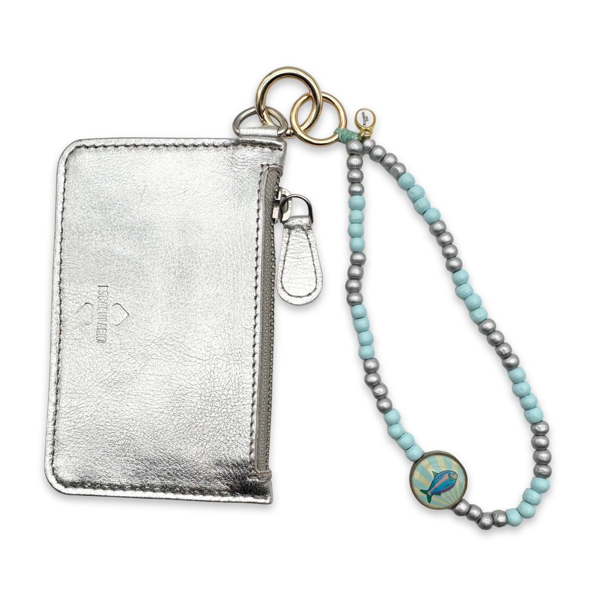Mo Beads Holzperlen Handykette kurz - Hellblau-Silber mit Fisch Anhänger