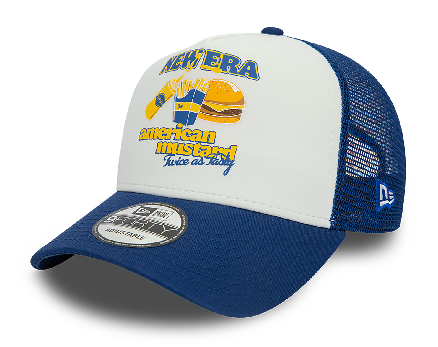 60364171-left New Era Food A-Frame Trucker Cap in Blau - Burger & Fries - SALE