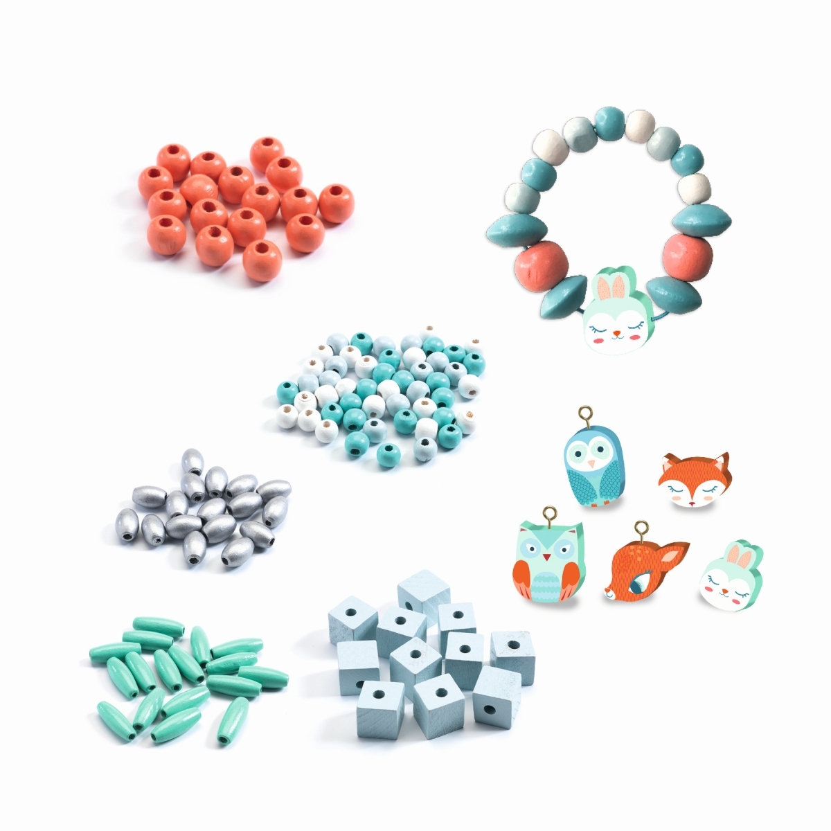 DJ09807-Schmuck-basteln-Holzperlen-Tiere-2 Djeco Schmuck Basteln mit Holzperlen - Fuchs, Eule & Hase