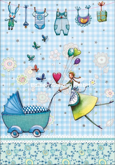 1-3433 Edition Gollong Karte zur Geburt Kinderwagen blau Karo