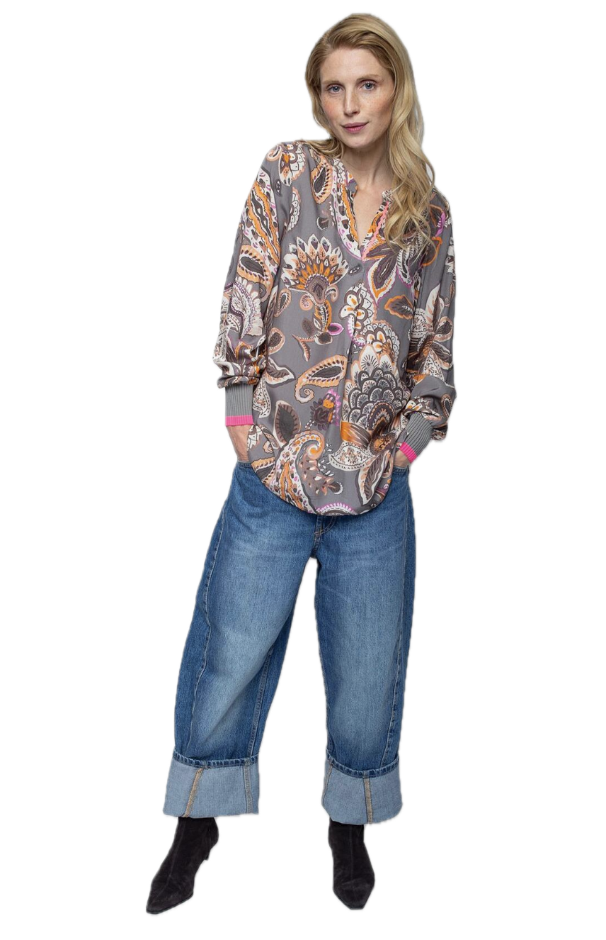 Emily van den Bergh Damen Shirtbluse aus Viskose mit Paisley-Blumenprint in Braun & Orange und Neonpink-Details