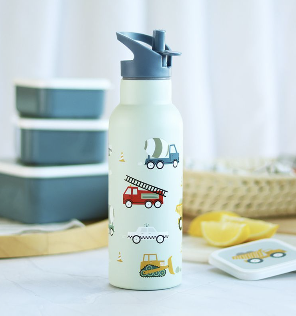 A Lovely Little Company Thermos Edelstahl Trinkflasche Groß mit Strohhalm - 500ml Fahrzeuge A Lovely Little Company Thermos Edelstahl Trinkflasche Groß mit Strohhalm - 500ml Fahrzeuge
