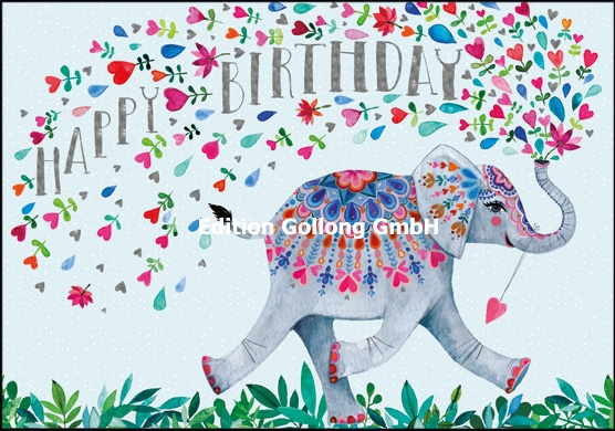 Edition Gollong Happy Birthday - Elefant mit Herzen & Blumen