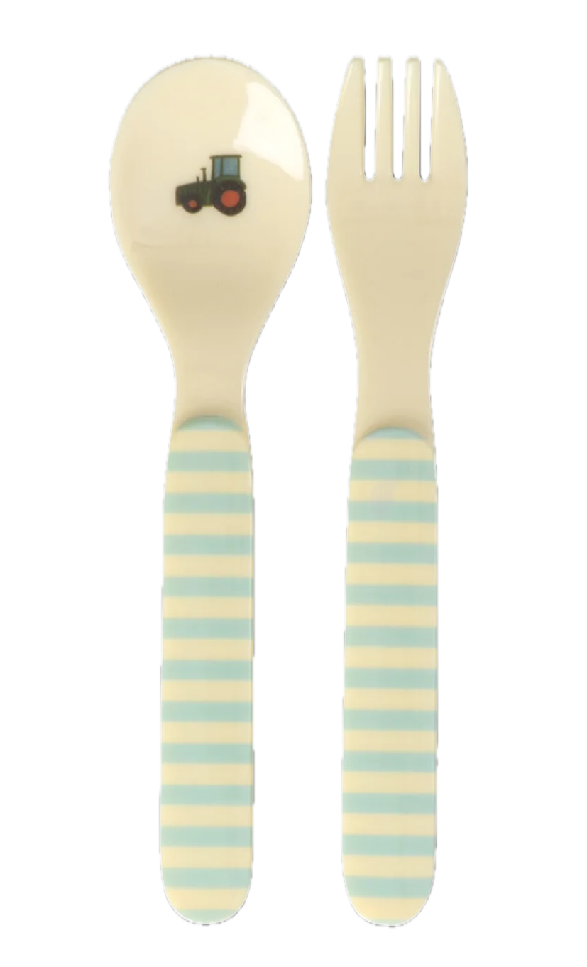 RICE Kinderbesteck Blue ABC Print – Melaminlöffel und Gabel RICE Kinderbesteck Blue ABC Print – Melaminlöffel und Gabel