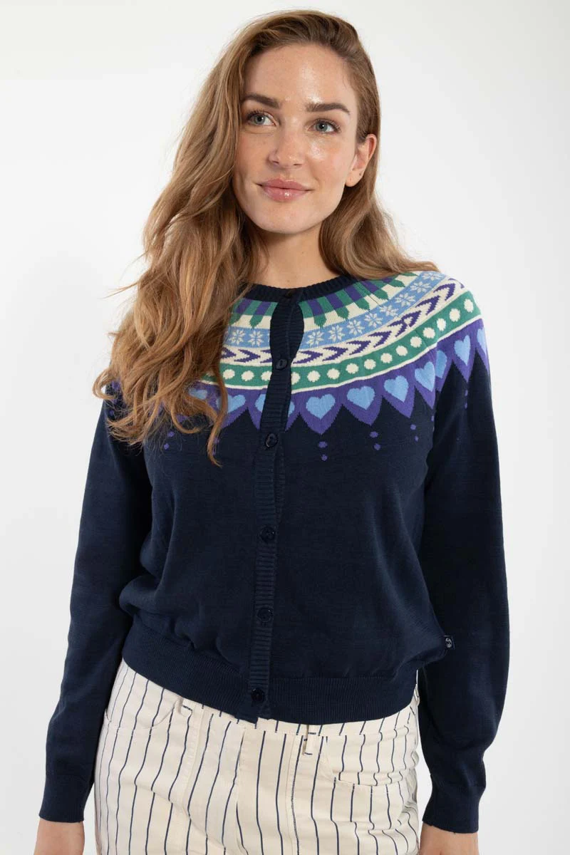 Danefae Danesweetheart Baumwolle Norweger Strickjacke in Navy Blau & Grün - SALE Danefae Danesweetheart Baumwolle Norweger Strickjacke in Navy Blau & Grün - SALE