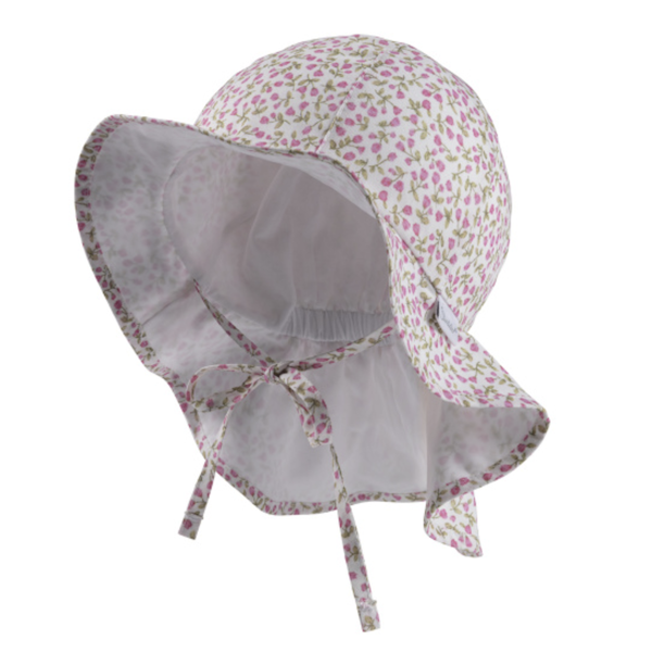 Sterntaler Sonnenmütze mit Nackenschutz Weiß mit Rosa Miniblumen