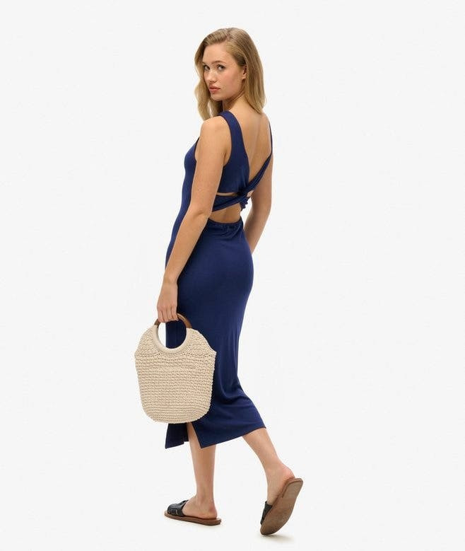 Superdry Damen Midikleid aus Jersey mit Zierdrehung am Rücken in Navy - SALE