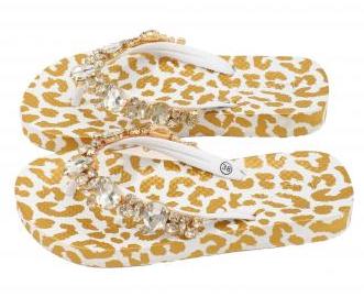 Moo' Ilo Damen Flip Flops Weiß Gold Leo mit Strasssteinen + Neoprene Clutch - SALE Moo' Ilo Damen Flip Flops Weiß Gold Leo mit Strasssteinen + Neoprene Clutch - SALE