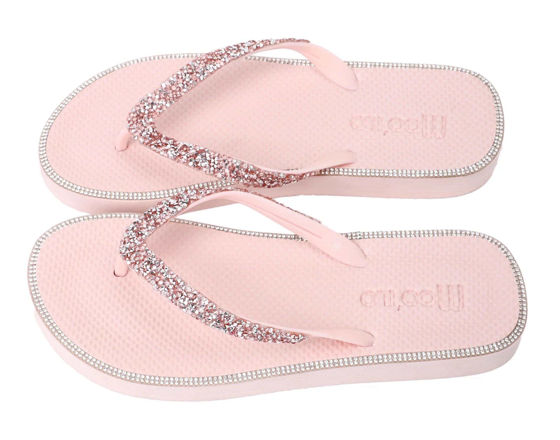 Moo' Ilo Damen Flip Flops Anna Rosa mit Glitzersteine + Neon Pink Jelly Tasche