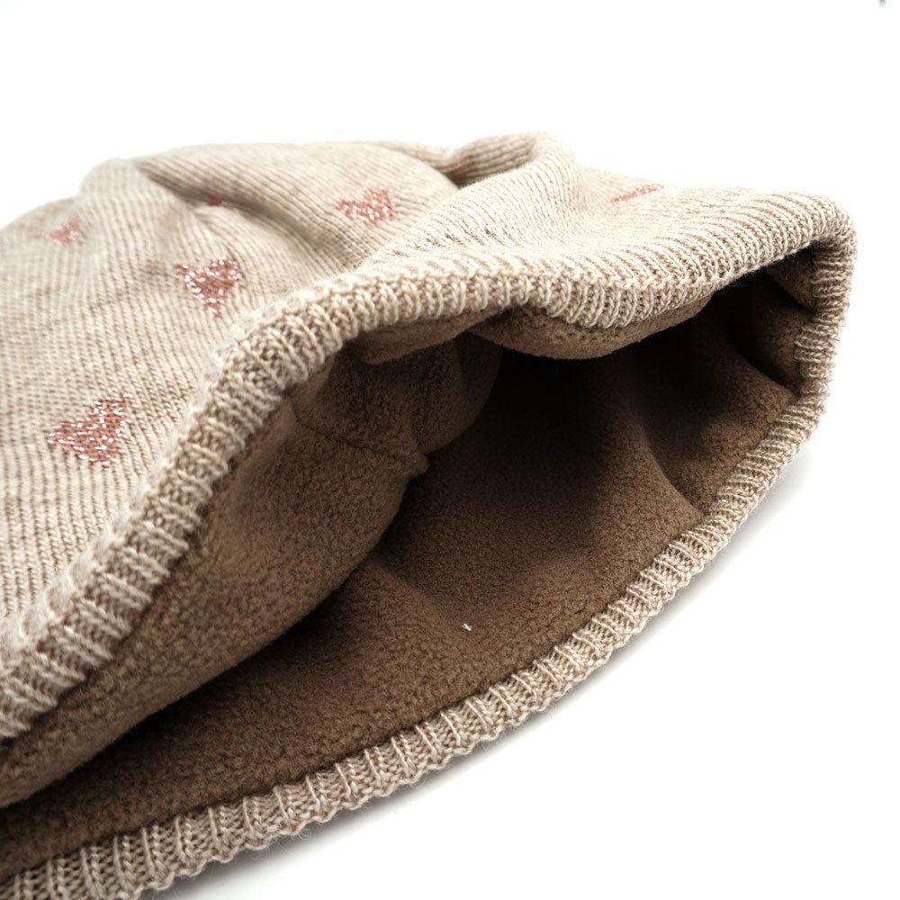 Maximo Strickmütze in Beige mit Wolle Außen und Fleece Futter - Rosa Glitzer Herzen