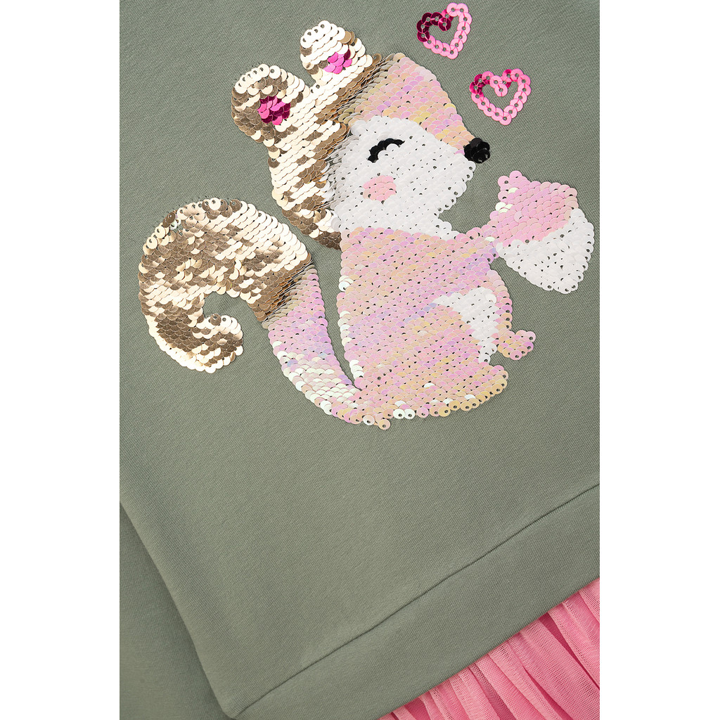Danamade DERLE Süßes Jersey Kleid in Salbei Grün mit Rosa Tüllrock - Wendepailletten Eichhörnchen 