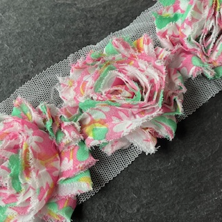 Wowzers Shabby Chic Stoffblume Blüte am Band - Preppy Blumen Pink & Grün - 3 Blumen 