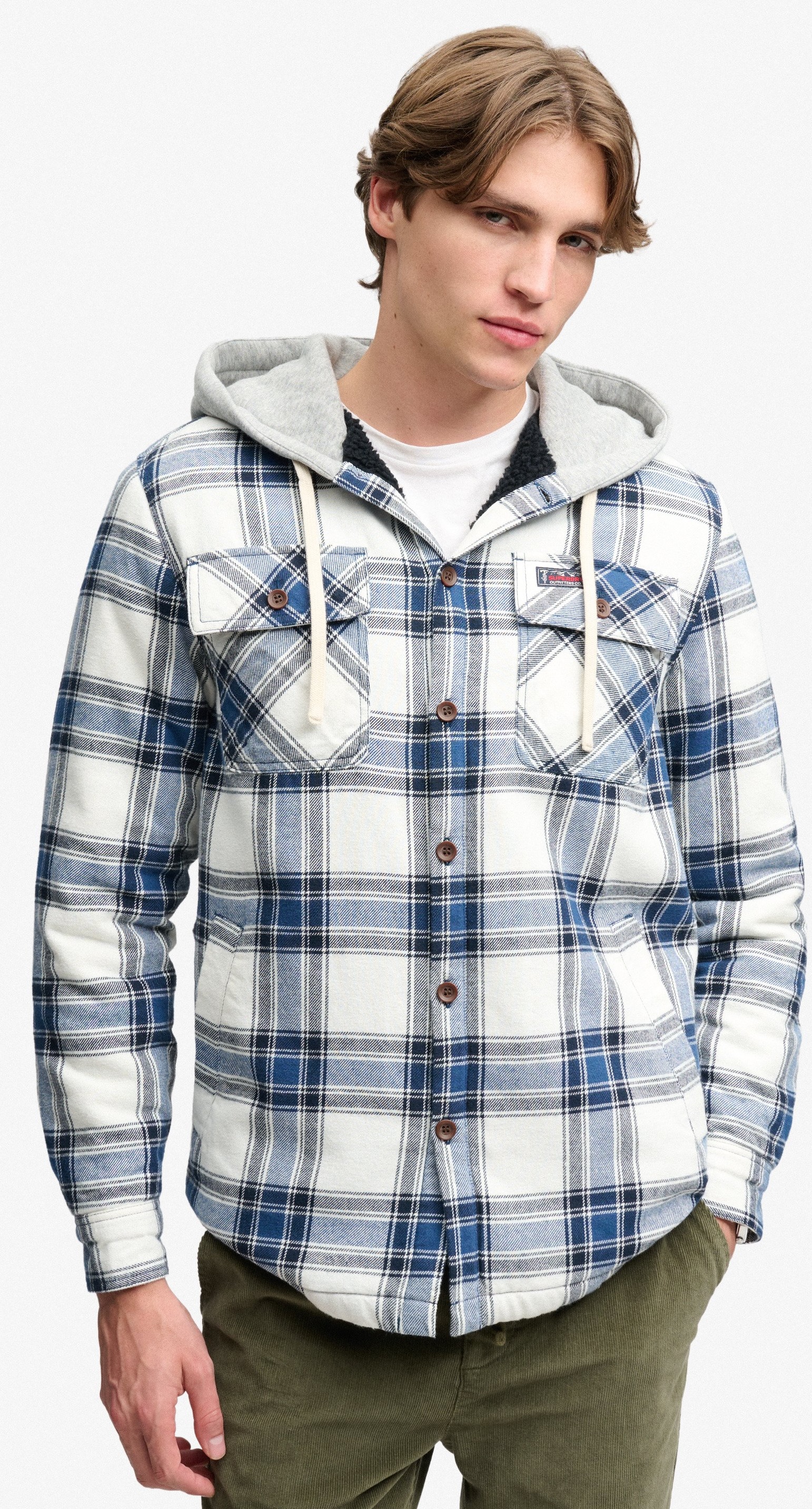 Superdry Herren gefüttertes Overshirt mit Kapuze in Weiß/Blau kariert