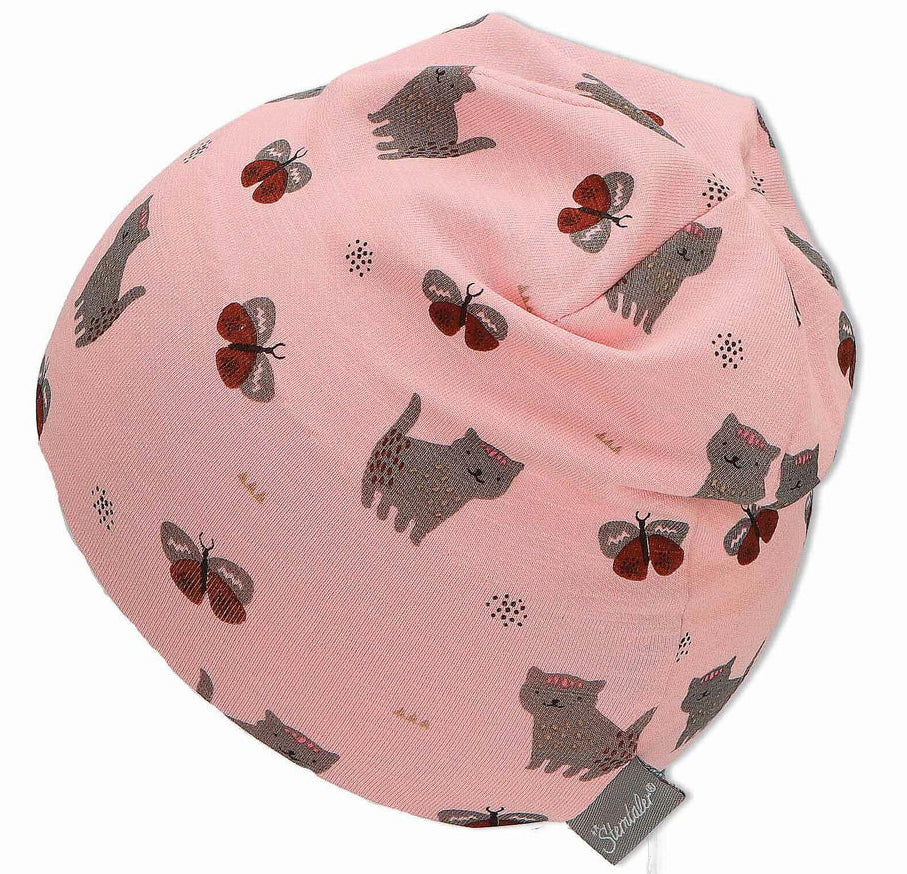 Sterntaler Jersey Mütze in Rosa - Schmetterlingen & Katzen