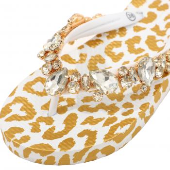 Moo' Ilo Damen Flip Flops Weiß Gold Leo mit Strasssteinen + Neoprene Clutch - SALE Moo' Ilo Damen Flip Flops Weiß Gold Leo mit Strasssteinen + Neoprene Clutch - SALE