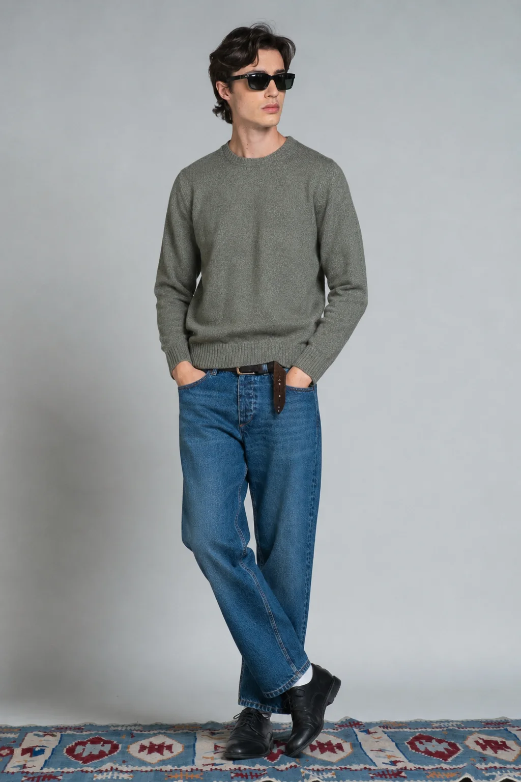 IMPURE Duke Rundhals Strick Pullover Wollmischung mit Zopfmuster Grass Grün Meliert