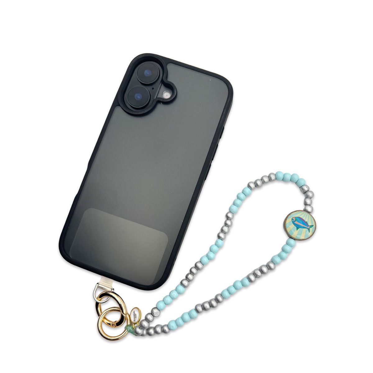 Mo Beads Holzperlen Handykette kurz - Hellblau-Silber mit Fisch Anhänger Mo Beads Holzperlen Handykette kurz - Hellblau-Silber mit Fisch Anhänger