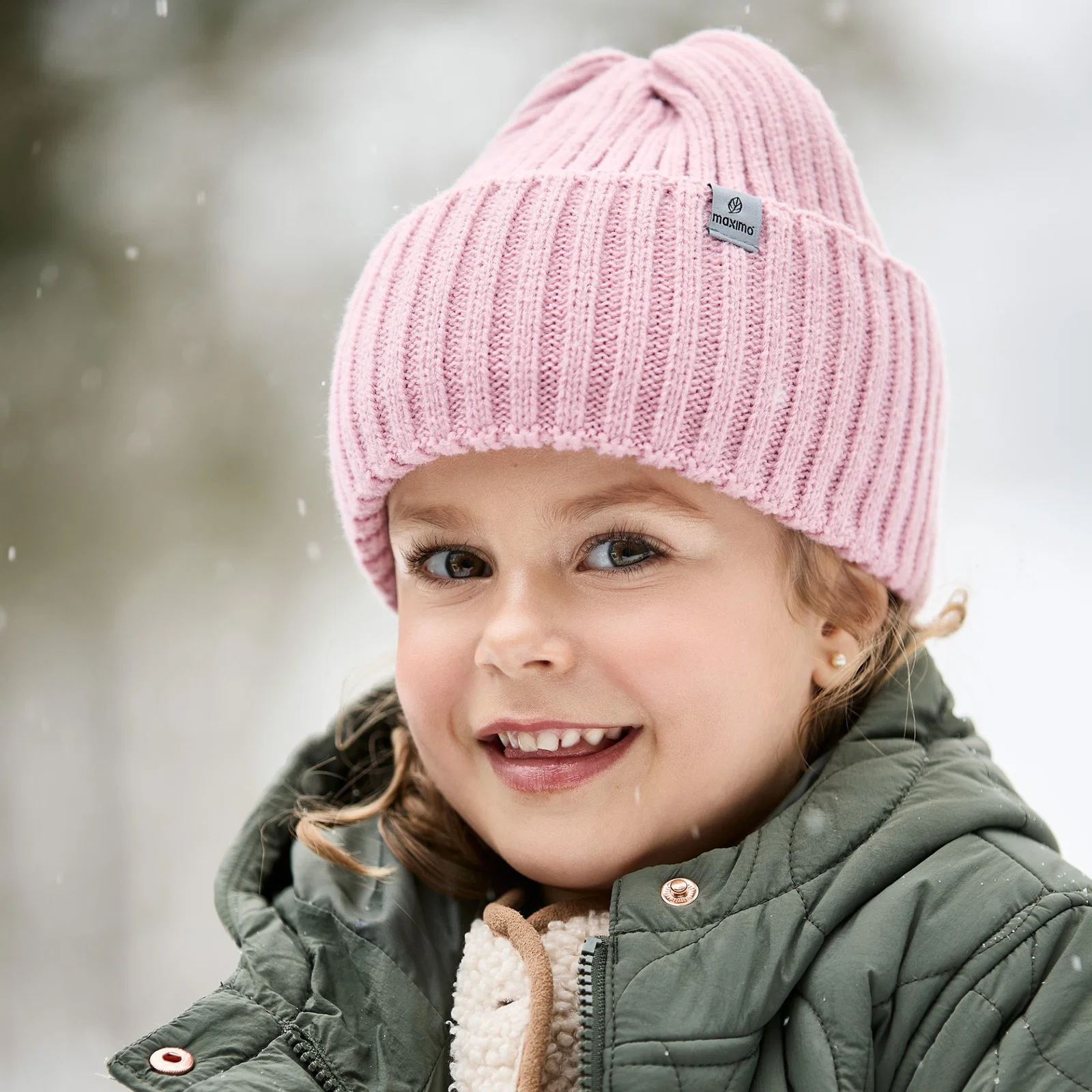 maximo Kinder Beanie in Altrosa – Rippstrickmütze mit dreifachem Umschlag
