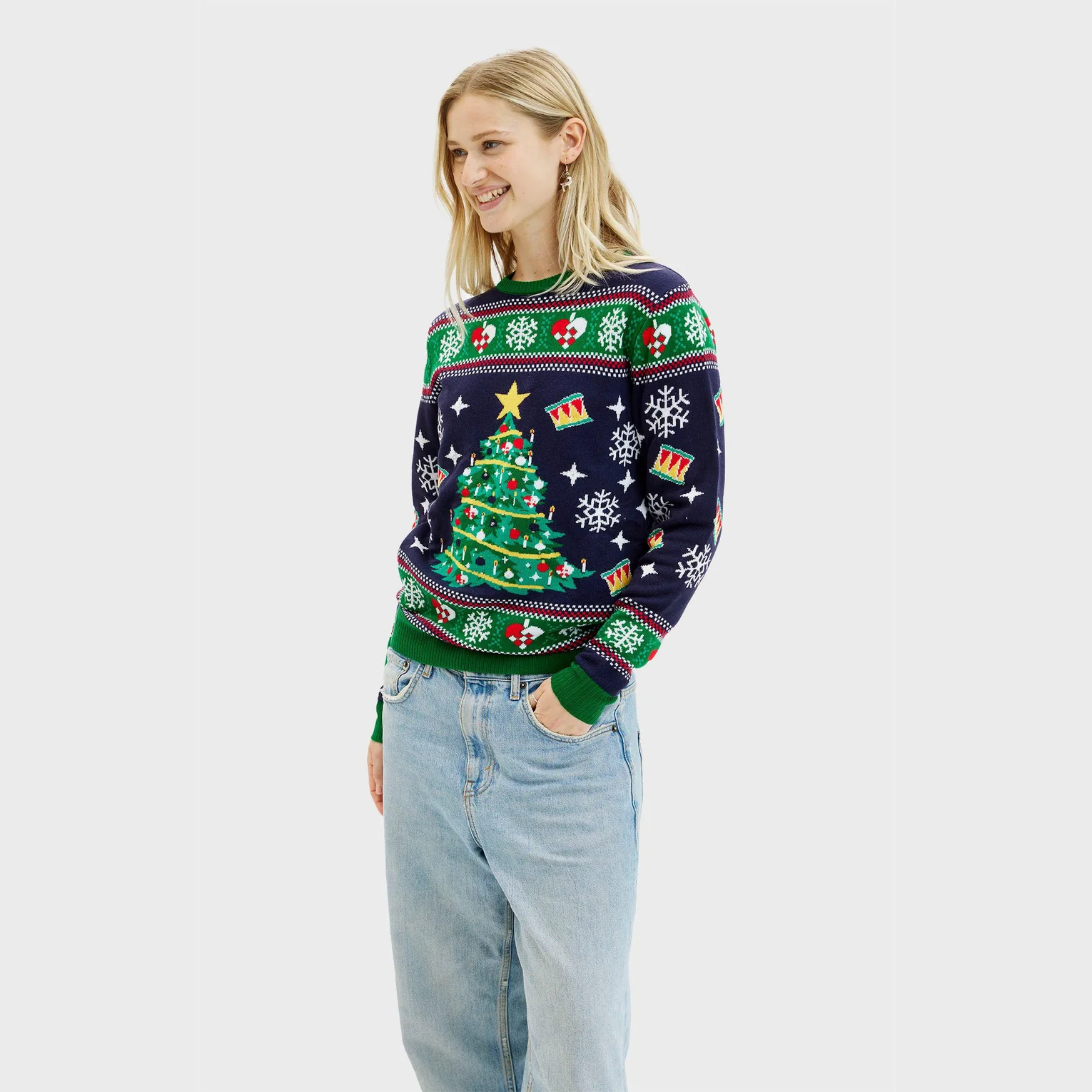Christmas Sweater Weihnachtspulli mit Weihnachtsbaum LED Navy - Damen & Herren