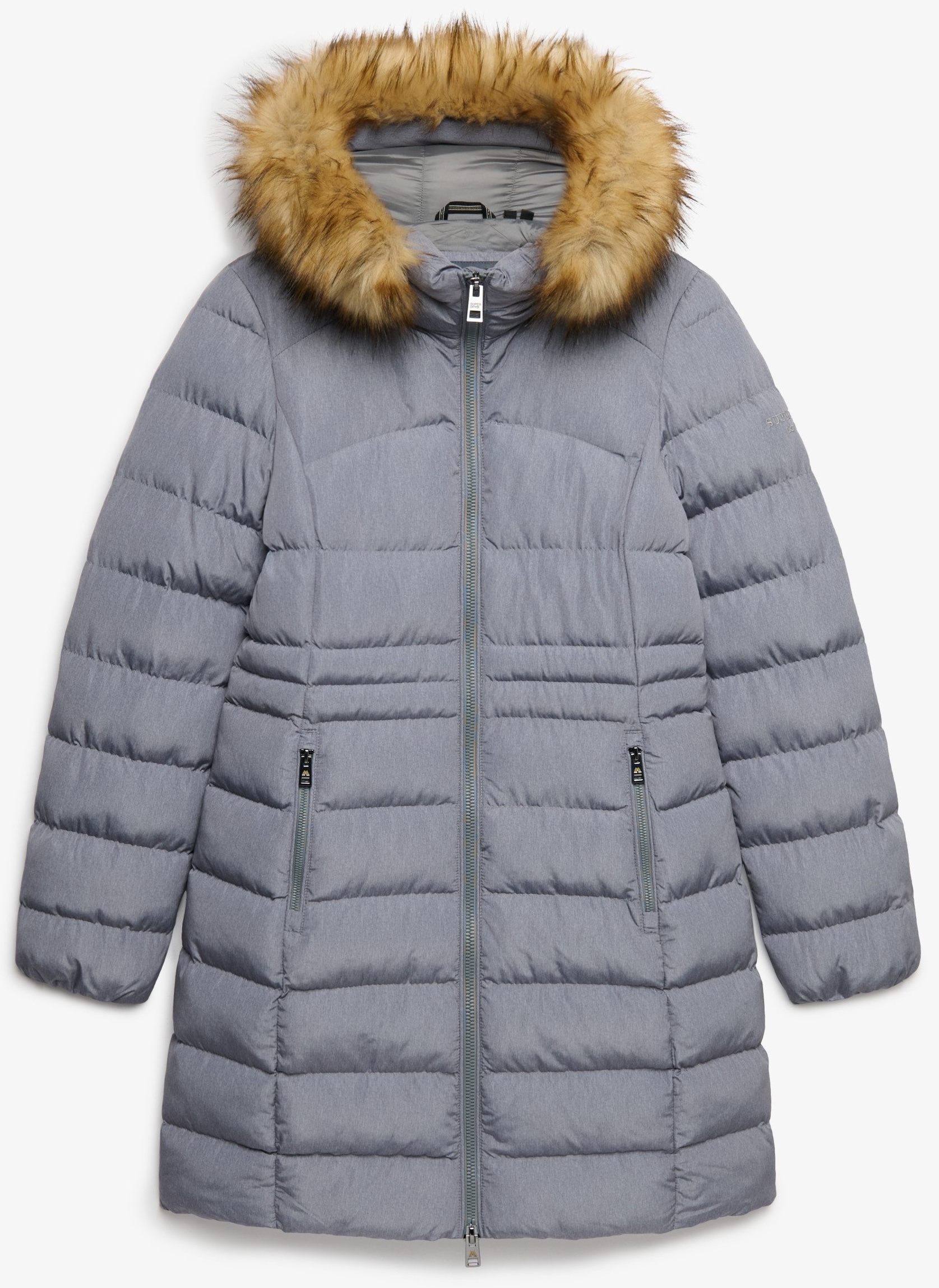 Superdry Damen Fuji mittellanger Mantel mit Kunstfellkapuze in Grau Superdry Damen Fuji mittellanger Mantel mit Kunstfellkapuze in Grau