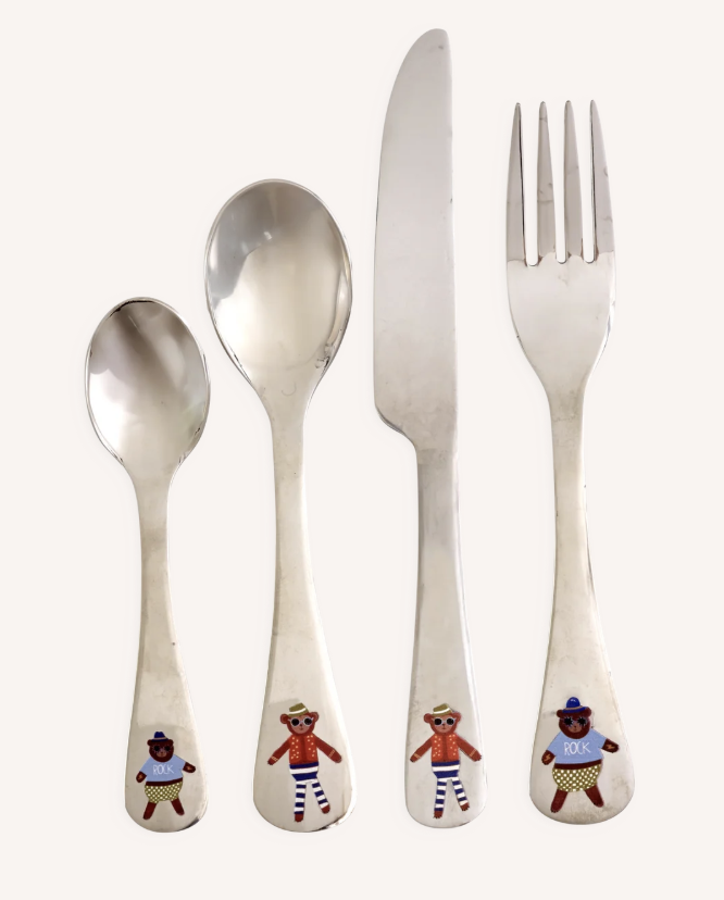 RICE Kinderbesteck-Set aus Edelstahl mit Affen- und Bärenmotiv