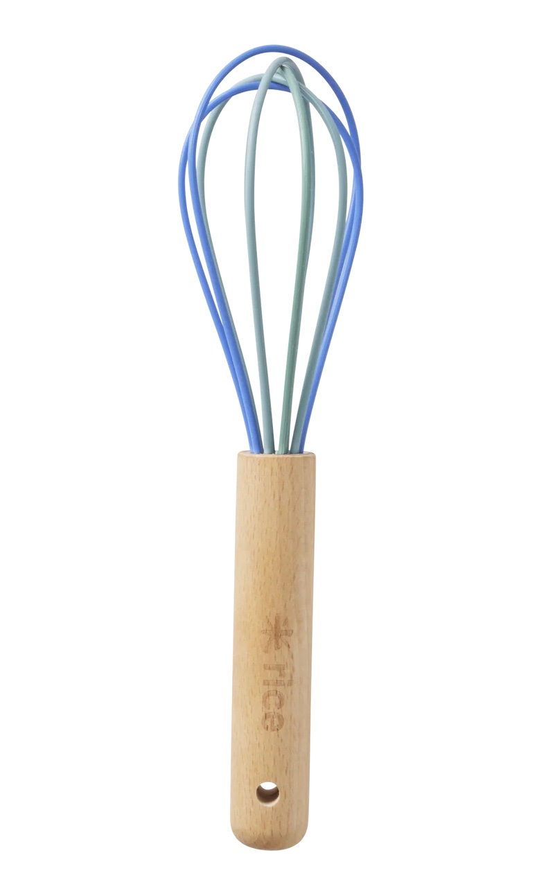 RICE Silikon Schneebesen Küchenutensilie mit Holzgriff - Blau & Grün - Klein