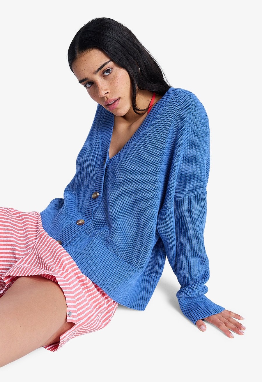 Roxy Cosmic Coast Chunky Baumwolle Cardigan Strickjacke in Brilliant Blau Roxy Cosmic Coast Chunky Baumwolle Cardigan Strickjacke in Brilliant Blau