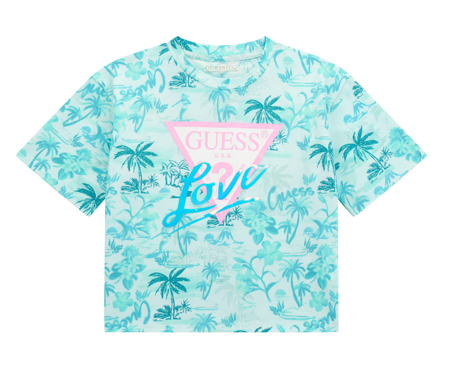 Guess Kurzarm T-Shirt Cropped in Mint Grün - Palmen Love - SALE Guess Kurzarm T-Shirt Cropped in Mint Grün - Palmen Love - SALE