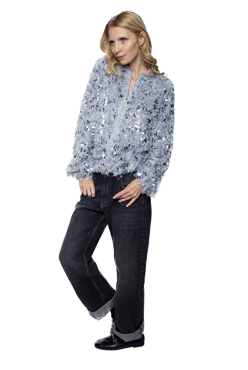 Emily van den Bergh Blouson Jacke mit Pailletten- und Federeffekt - Grau Emily van den Bergh Blouson Jacke mit Pailletten- und Federeffekt - Grau