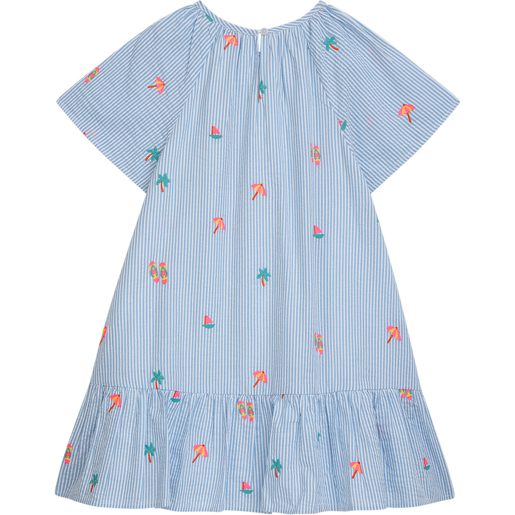 Danamade DJANE Seersucker Sommerkleid in Blau Gestreift mit Sommer Stickerei