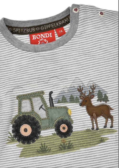Bondi Baby Langarm T-Shirt Grau Gestreift - Traktor & HIrsch Applikation