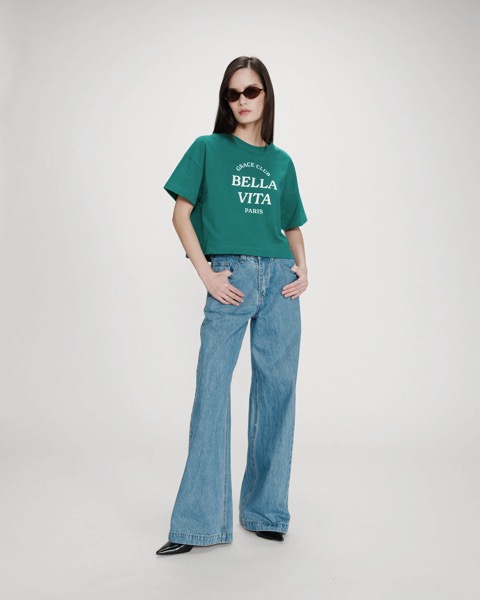 Grace & Mila Oversized cropped T-Shirt VOSS mit Slogan BELLA VITA - Grün Grace & Mila Oversized cropped T-Shirt VOSS mit Slogan BELLA VITA - Grün
