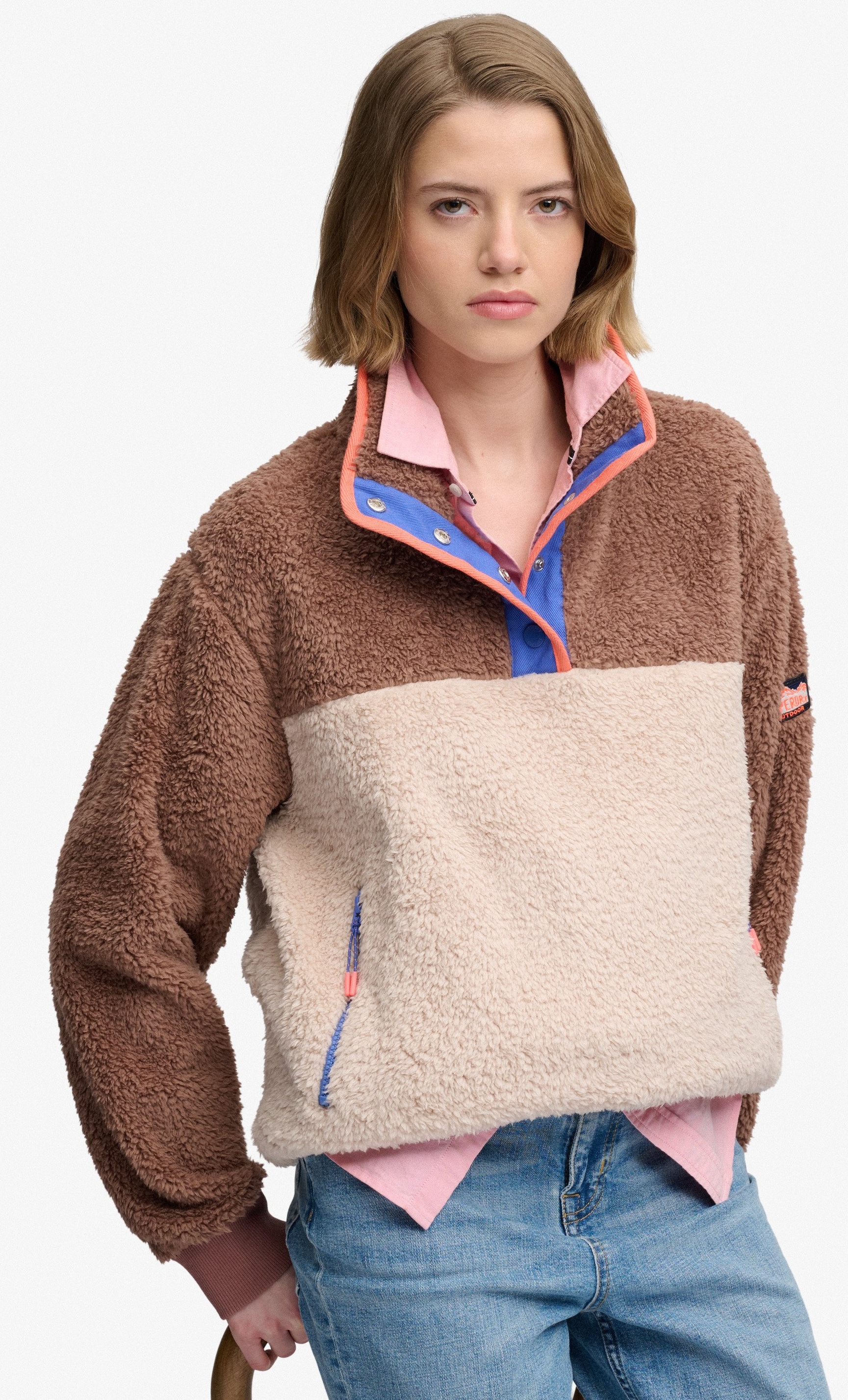 Superdry Damen Superweicher Mash Up Teddy-Fleece in Creme/Braun