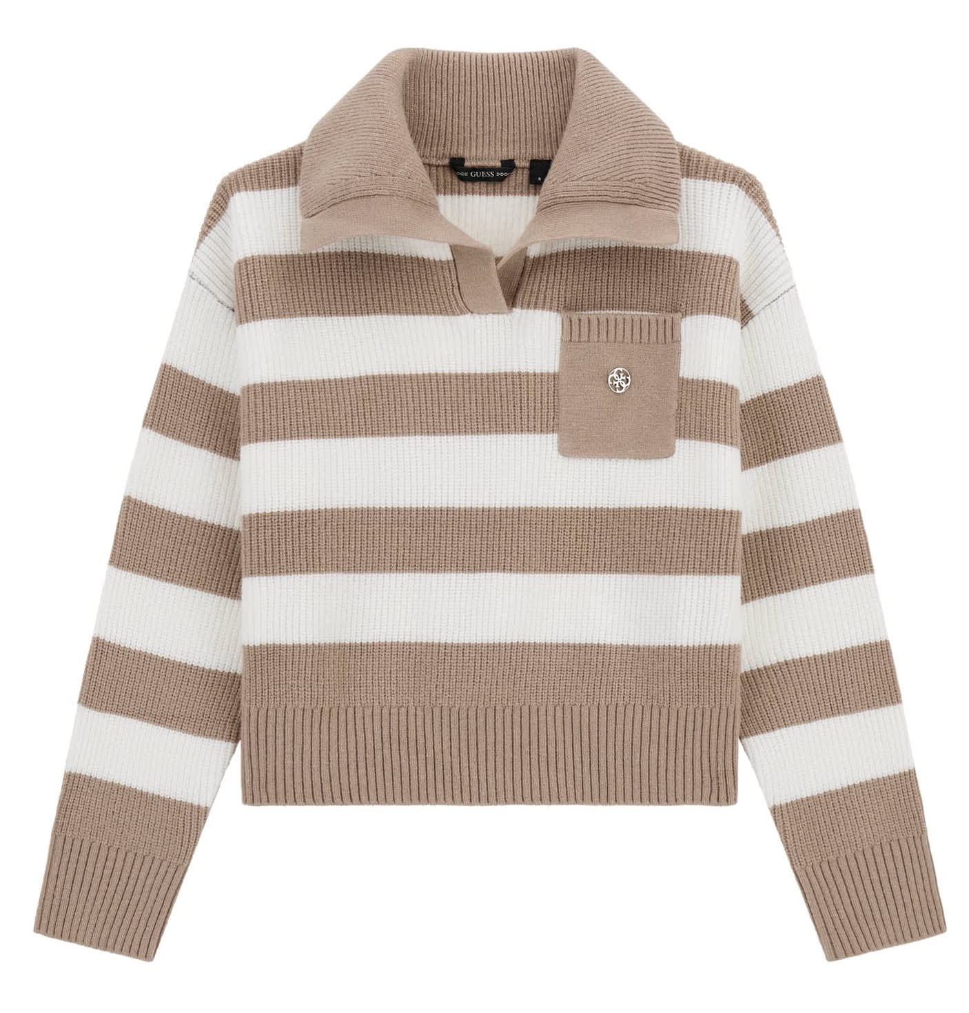 Guess Cropped Strickpulli mit Kragen Creme & Beige Gestreift - SALE