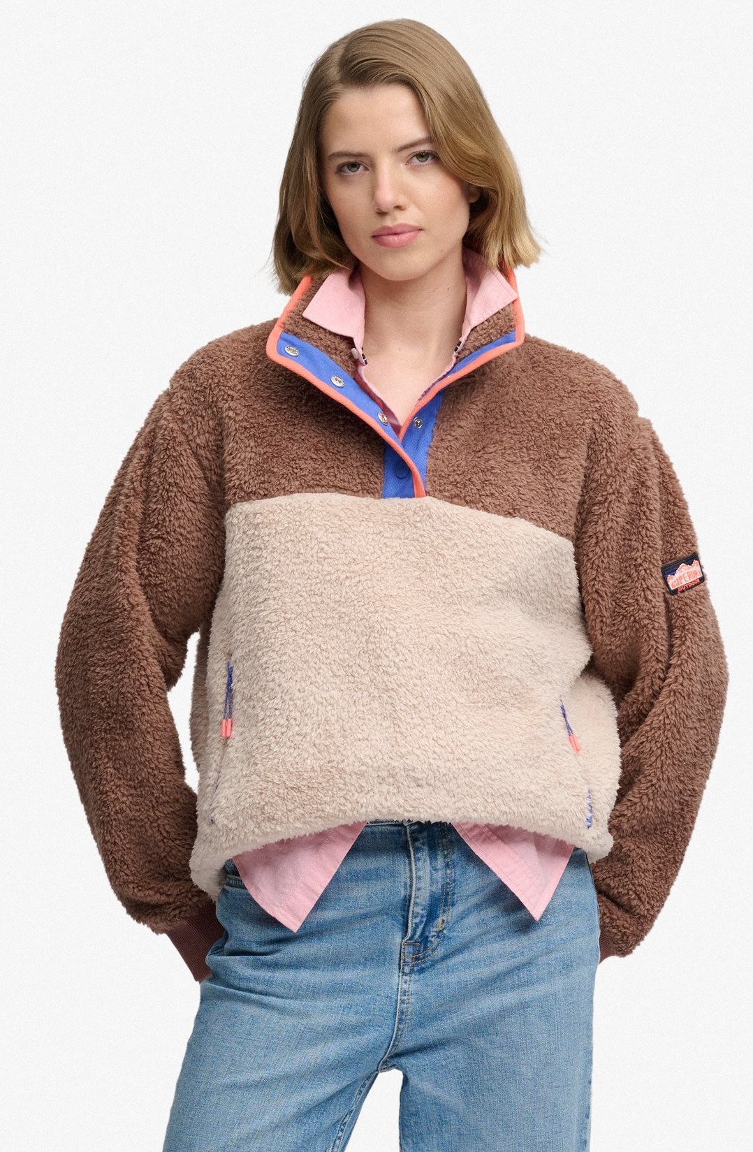 Superdry Damen Superweicher Mash Up Teddy-Fleece in Creme/Braun Superdry Damen Superweicher Mash Up Teddy-Fleece in Creme/Braun