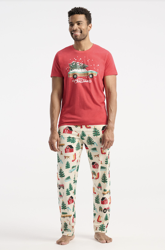 Little Blue House Herren Jersey Pyjama Hose in Creme - Christmas Tree Farm - Weihnachtsbaum Farm