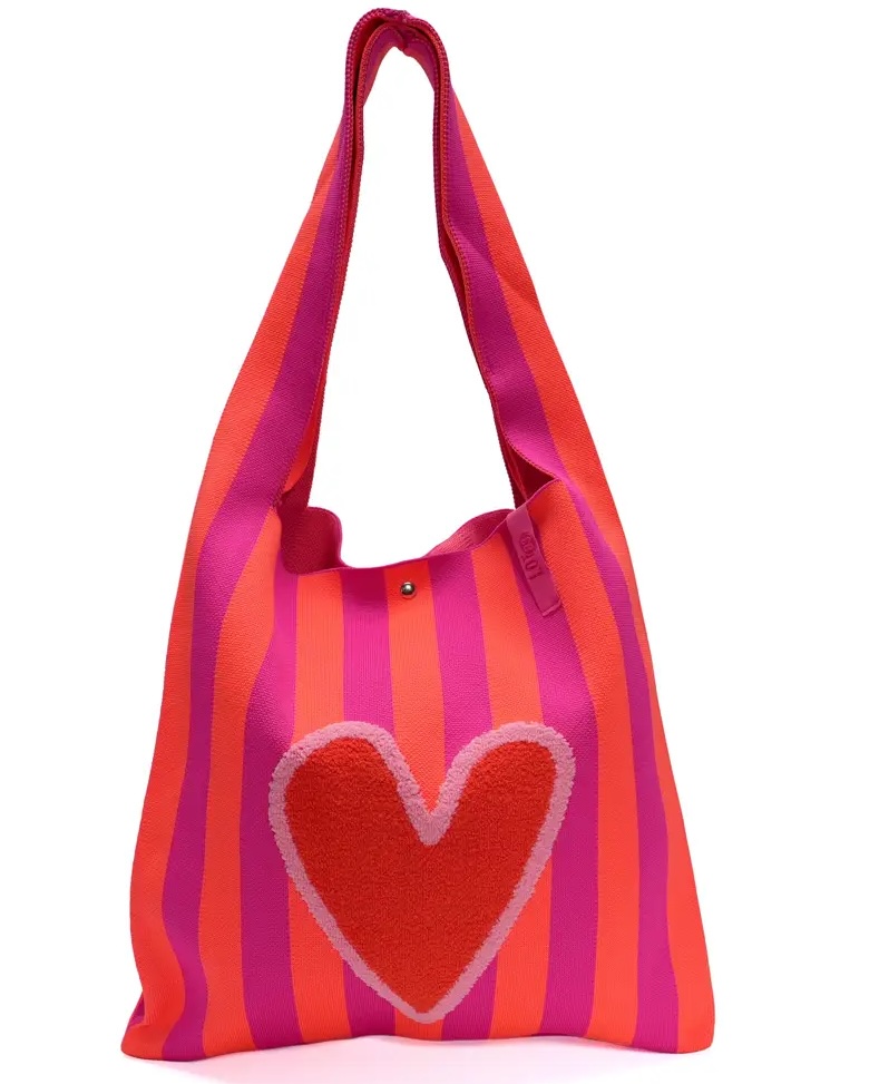 LOT83 LOIS Material Mix Gestrickte Shopper Tasche Pink & Orange Gestreift mit Flock Herz