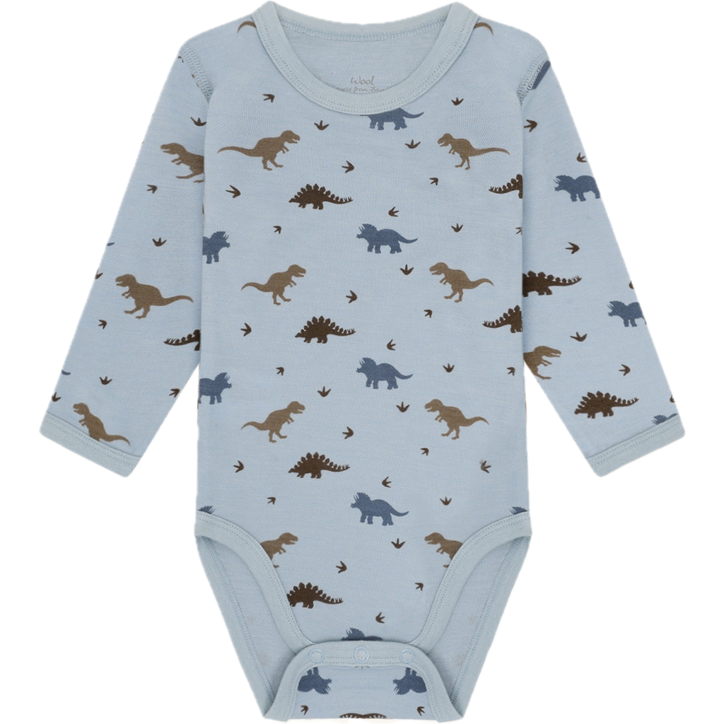Hust & Claire Baloo Wickelbody Wolle Bambus Body in Baby Blau - Dinos