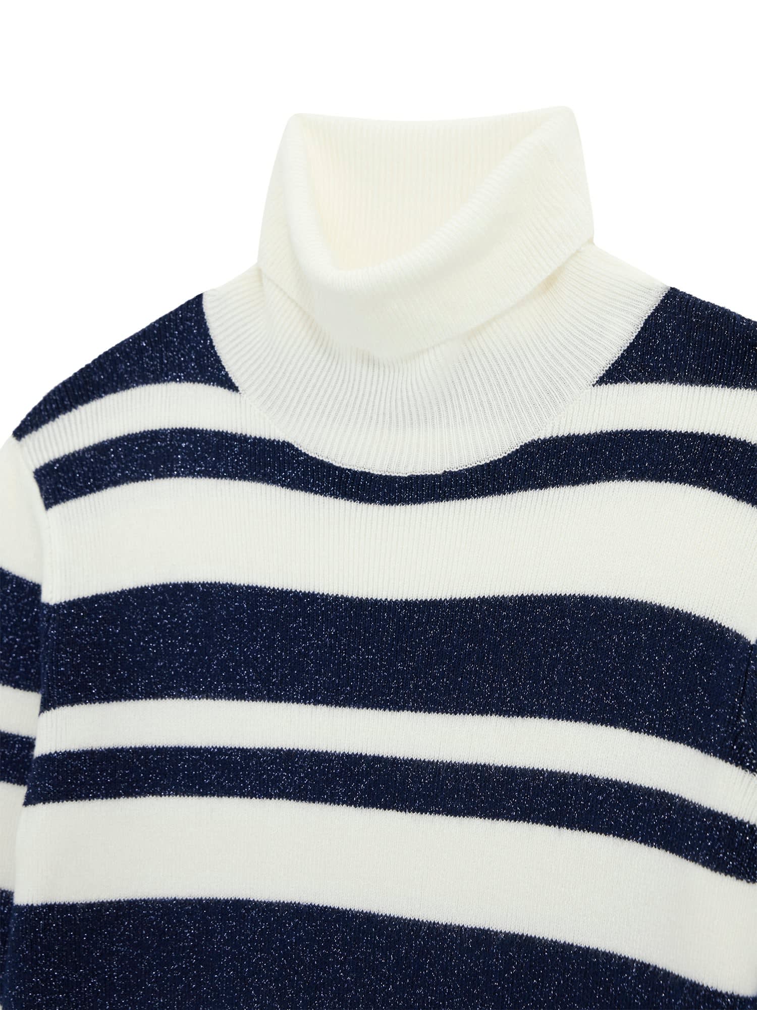 Guess Rolli Strickpullover mit Rollkragen Creme & Blau Glitzer Gestreift