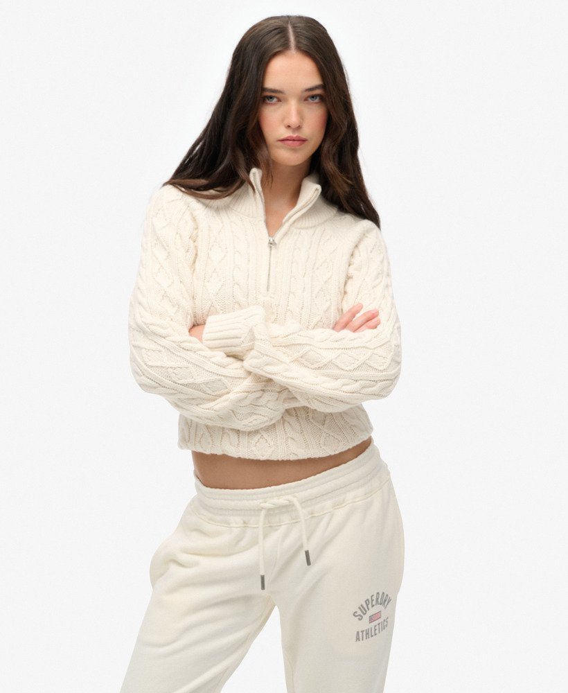 Superdry Damen Strickpullover Slim Cable Half Zip - Ecru Weiß