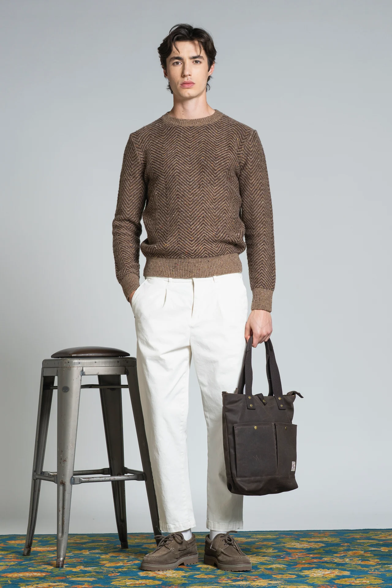 IMPURE Berger Rundhals Strick Pullover Lammswolle Braun Meliert mit Zick Zack IMPURE Berger Rundhals Strick Pullover Lammswolle Braun Meliert mit Zick Zack