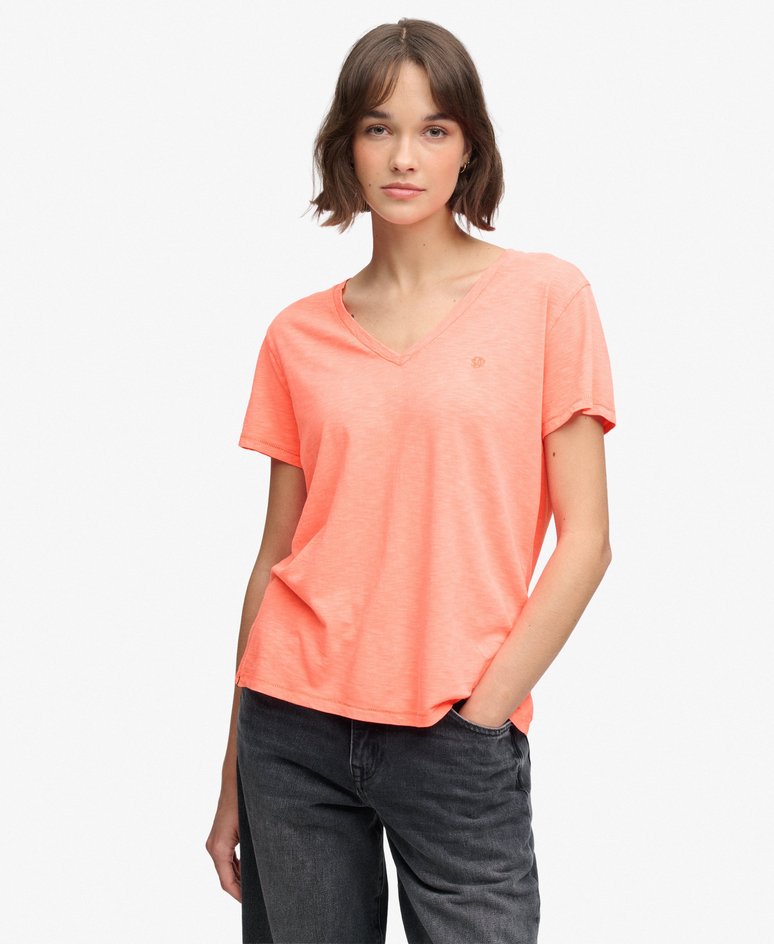 Superdry Damen Studios Slub T-Shirt - Neon Coral