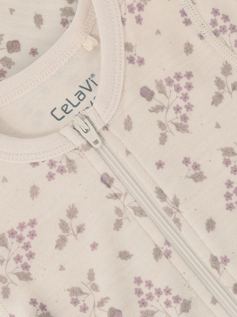 CeLaVi Strampler aus Merinowolle - Wolle Bambus Jumpsuit mit Reißverschluss - Allover Flieder Blumen CeLaVi Strampler aus Merinowolle - Wolle Bambus Jumpsuit mit Reißverschluss - Allover Flieder Blumen