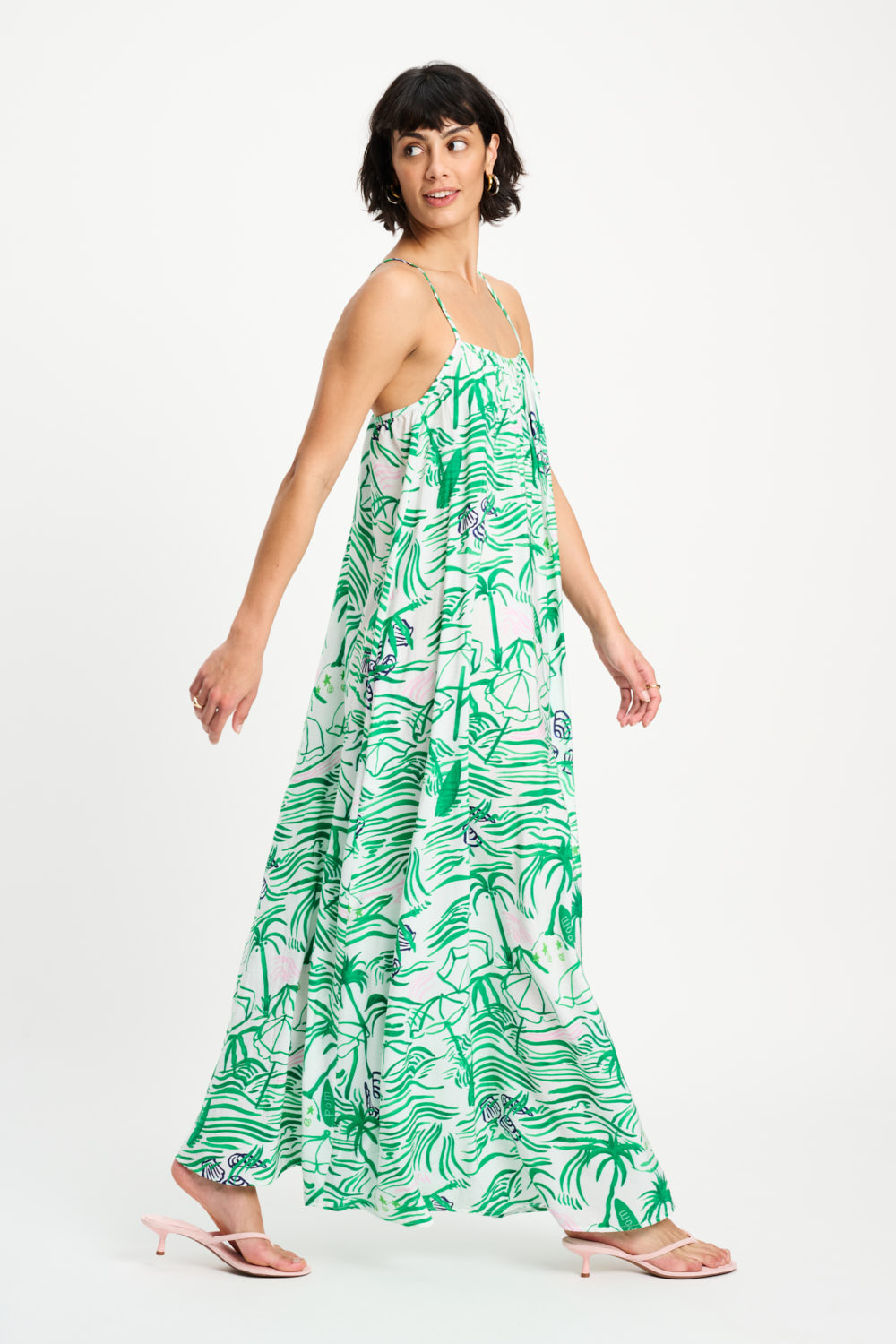 POM Amsterdam Kleid Beach Vibes mit Spaghetti Träger in Grün