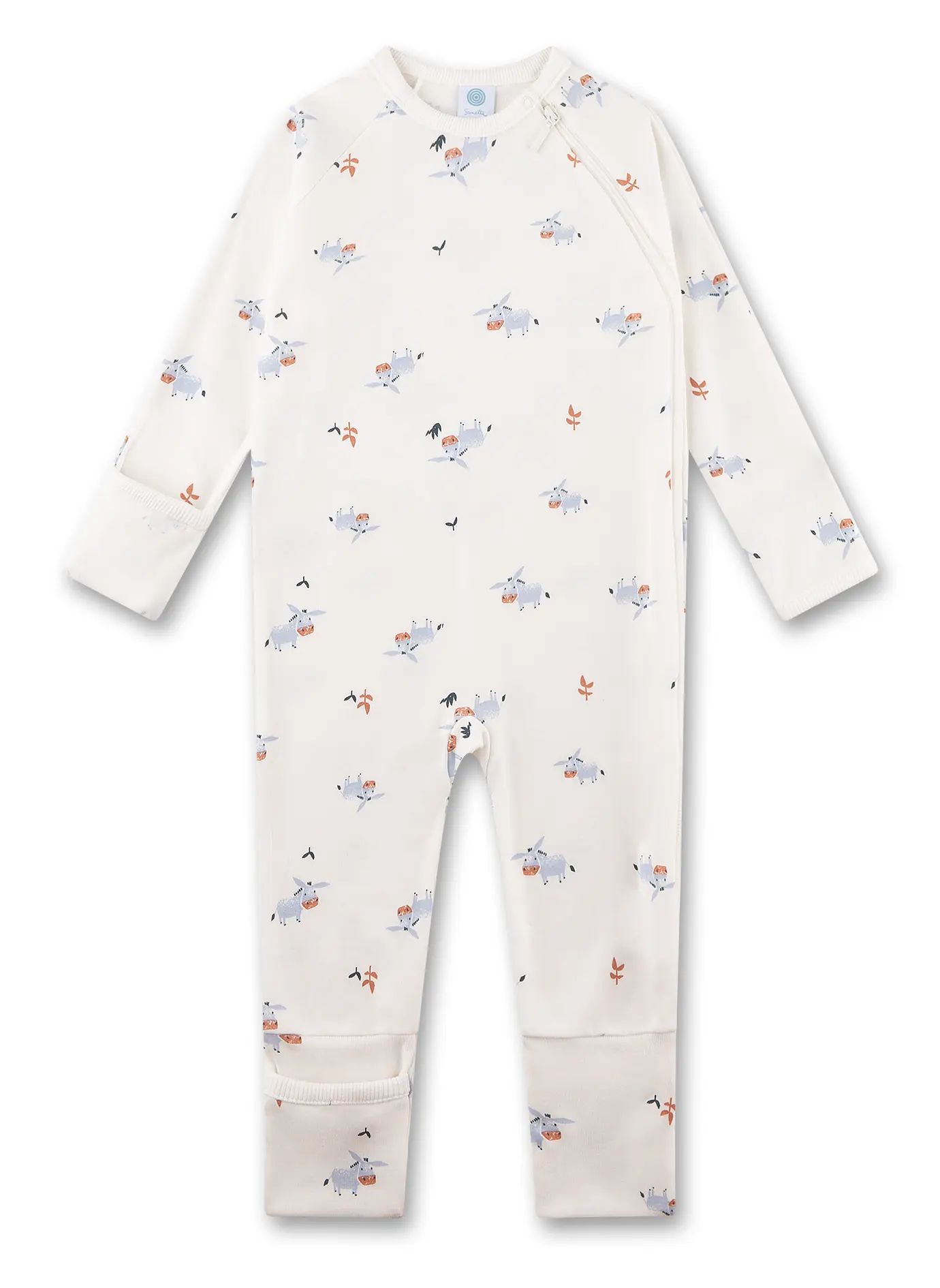 Sanetta Strampler in Creme Weiß mit Esel Allover - Ärmel & Füße zum Umstülpen