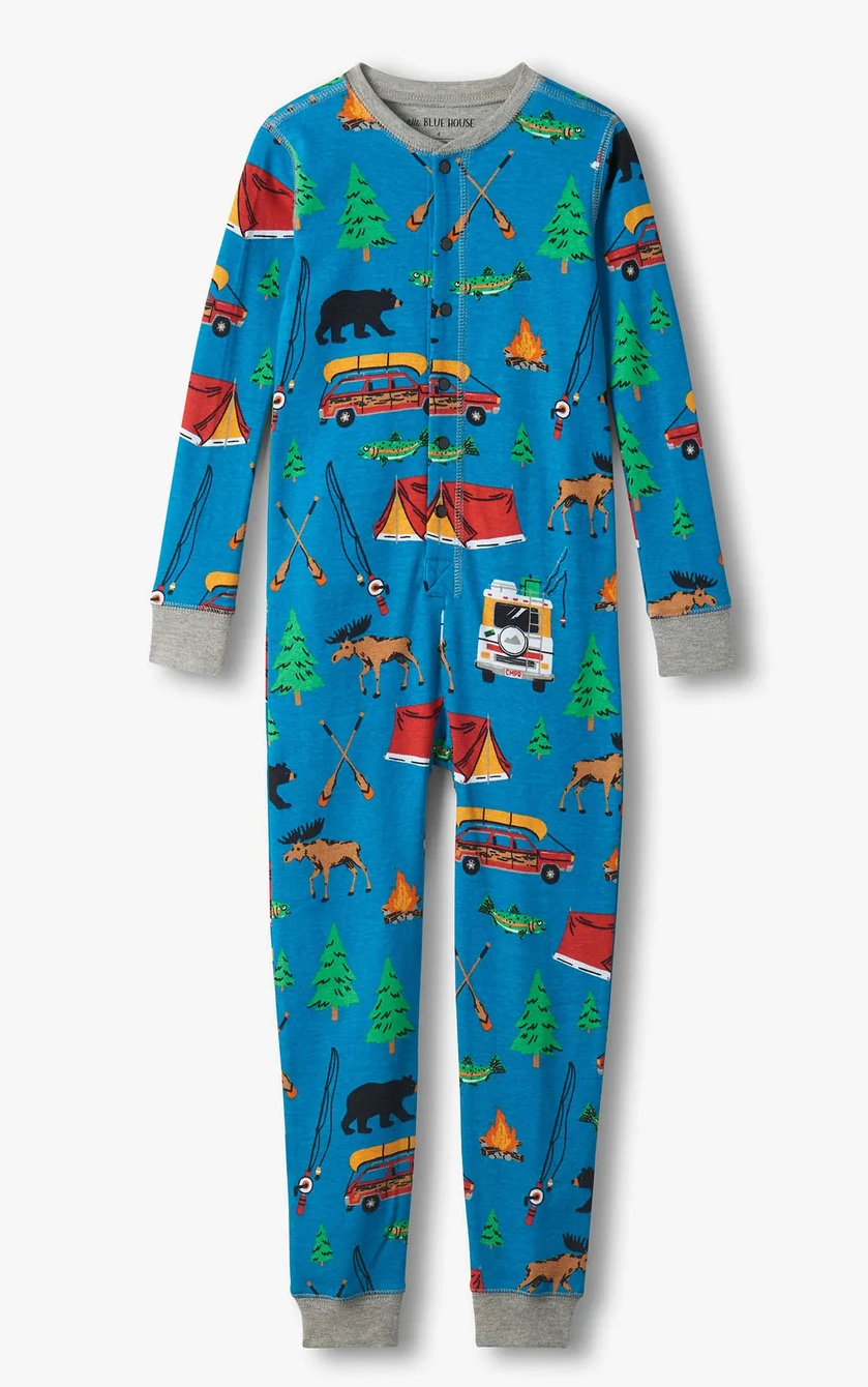 Little Blue House Union Suit - Kinder Einteiler in Blau - Retro Camping Little Blue House Union Suit - Kinder Einteiler in Blau - Retro Camping