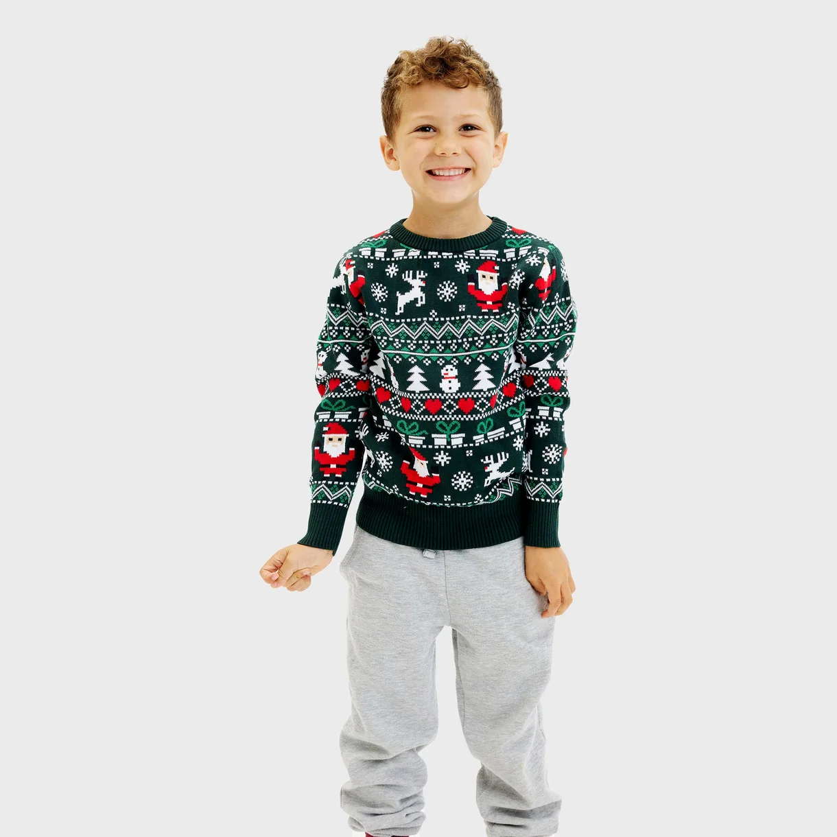 Christmas Sweater Unisex Jungs & Mädchen Stillvoller Weihnachtspullover in Grün mit Santa, Schneemänner & Rentier