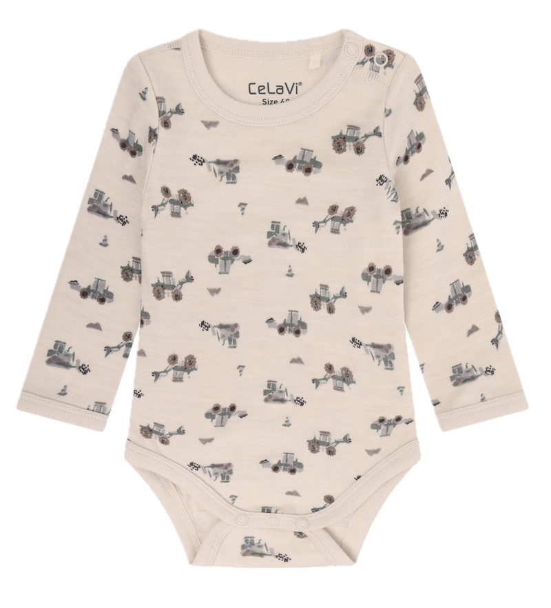 CeLaVi Langarm Body aus Merinowolle in Creme & Quiet Shade - Traktoren