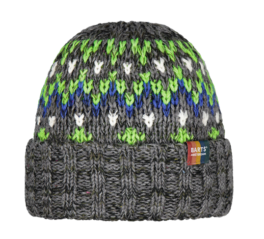 Barts Kids Perido Beanie mit Umschlag - skandinavischem Muster - Charcoal/Grau,Neon Grün