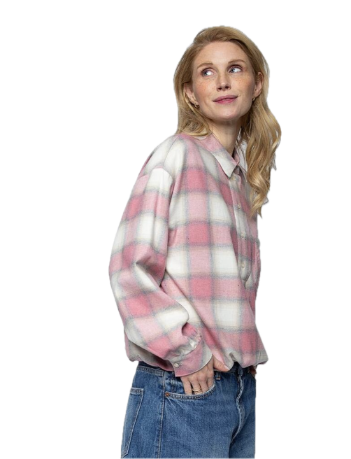 Emily van den Bergh Damen Flanellbluse in Soft Rosa Karo – Verkürzte Hemdbluse aus Tencel-Baumwoll-Mix Emily van den Bergh Damen Flanellbluse in Soft Rosa Karo – Verkürzte Hemdbluse aus Tencel-Baumwoll-Mix